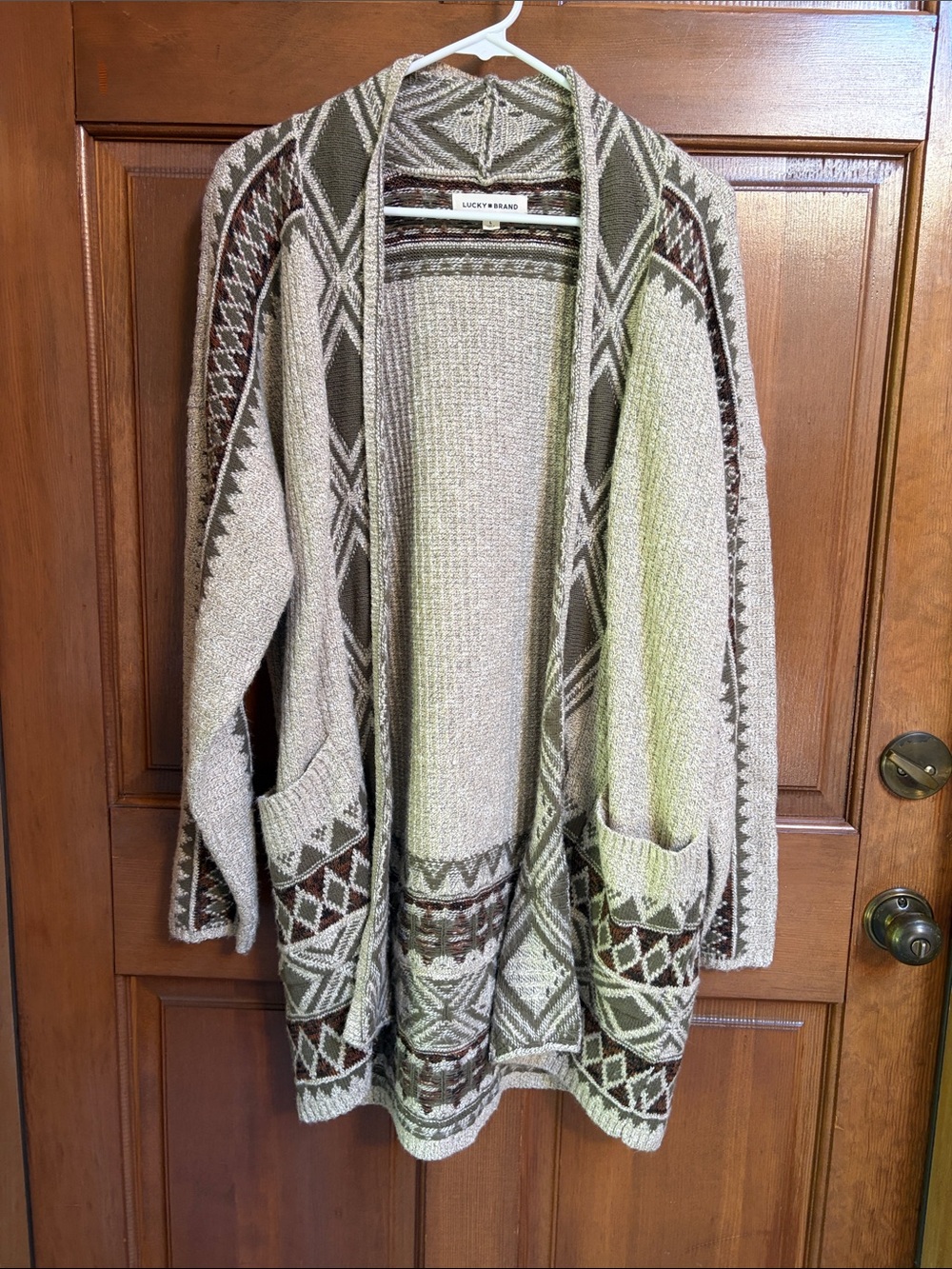 Lucky Brand Cream and Olive Aztec  Open-Front Cardigan Size Large